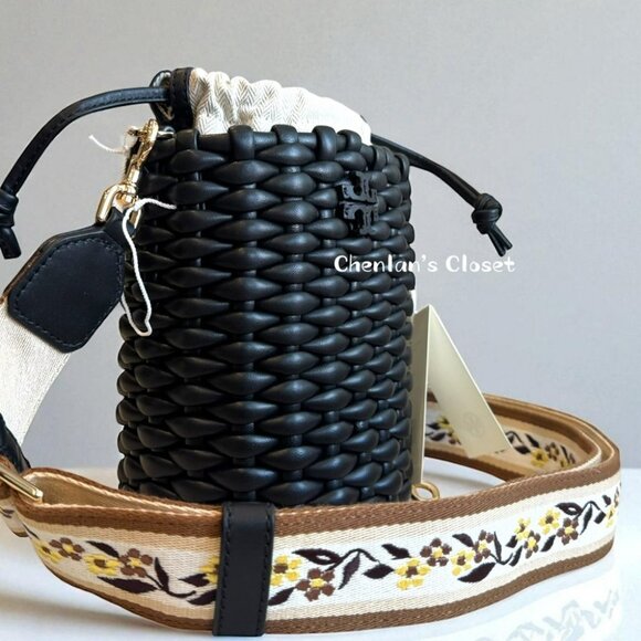 Tory Burch Emerson Woven Mini Bucket Bag Black With Gold Hardware - Picture 2 of 13
